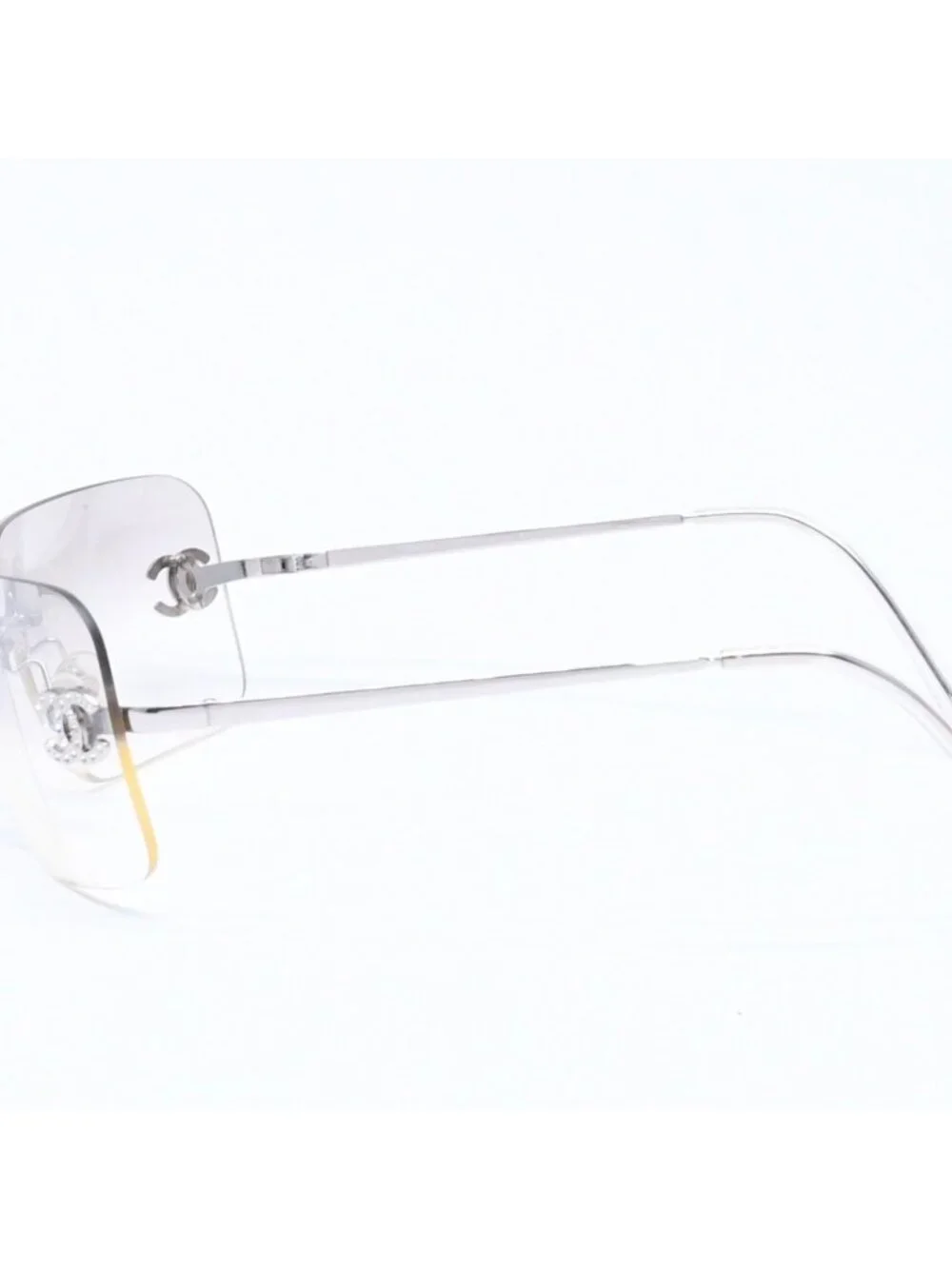Chanel Rimless Sunglasses CC Logo Rhinestone Gray Gradation Lens Silver Eyewear